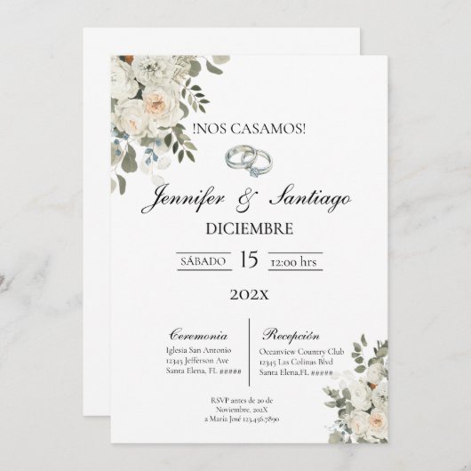 Invitación de boda con flor blanca 招待状 (正面/裏面)