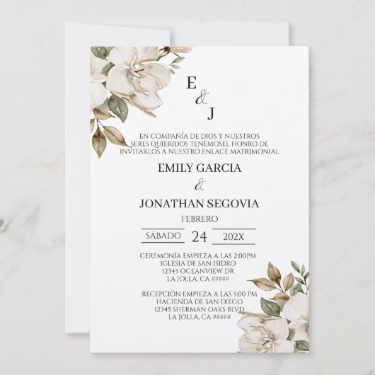 invitación de boda con flores blancas  招待状 (正面)