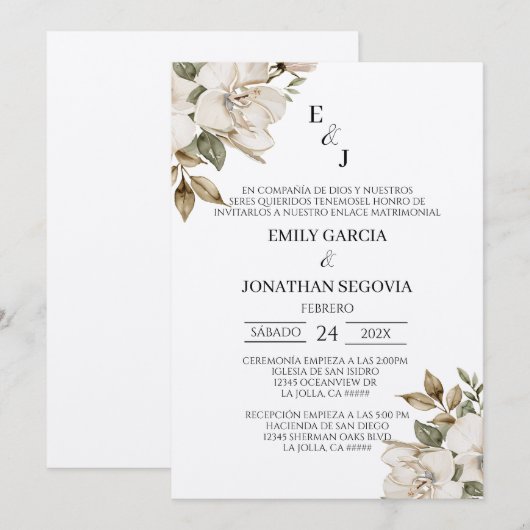 invitación de boda con flores blancas  招待状 (正面/裏面)
