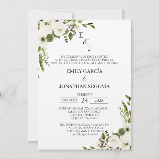 invitación de boda con flores blancas  招待状 (正面)