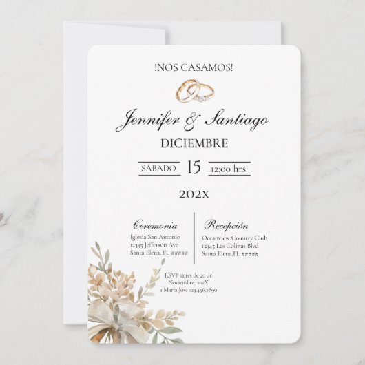 Invitación de boda con ramo y anillo 招待状 (正面)