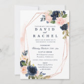 Invitación de boda floral azul marino sonrojado 招待状 (正面)