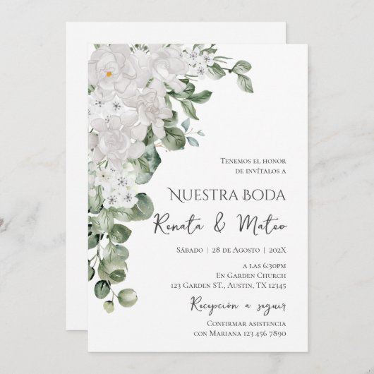 Invitación de Boda Flores Blanca y Verdes  招待状 (正面/裏面)