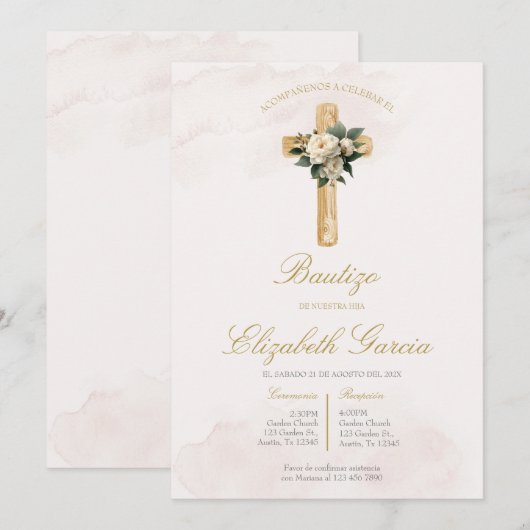 Invitación de boho blanco para bautismo invitation 招待状 (正面/裏面)
