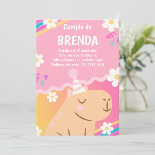 Invitación de Cumpleaños Capibara de Niña Rosa 招待状 (スタンド正面)