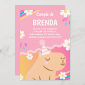 Invitación de Cumpleaños Capibara de Niña Rosa 招待状 (正面/裏面)