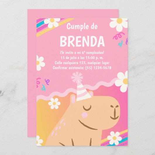 Invitación de Cumpleaños Capibara de Niña Rosa 招待状 (正面/裏面)