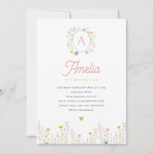 Invitación de cumpleaños de Flor Silvestre Floral  招待状 (正面)