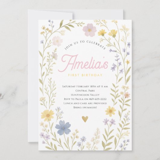 Invitación de cumpleaños de Flor Silvestre Floral  招待状 (正面)