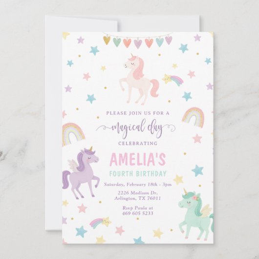 Invitación de cumpleaños de Unicornio por capricho 招待状 (正面)