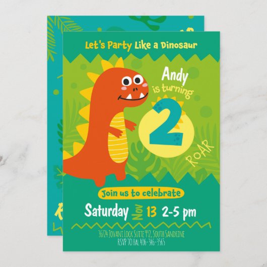 Invitación de cumpleaños dinosaurio 招待状 (正面/裏面)