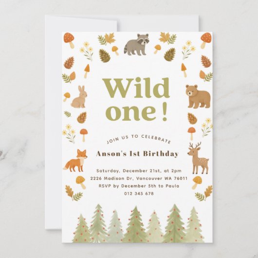 Invitación de cumpleaños para animales de Woodland 招待状 (正面)