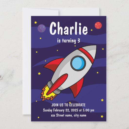 Invitación de fiesta de cumpleaños Nave Espacial 招待状 (正面)