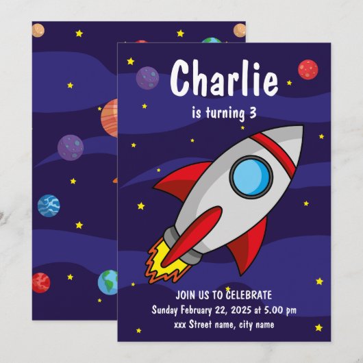 Invitación de fiesta de cumpleaños Nave Espacial 招待状 (正面/裏面)