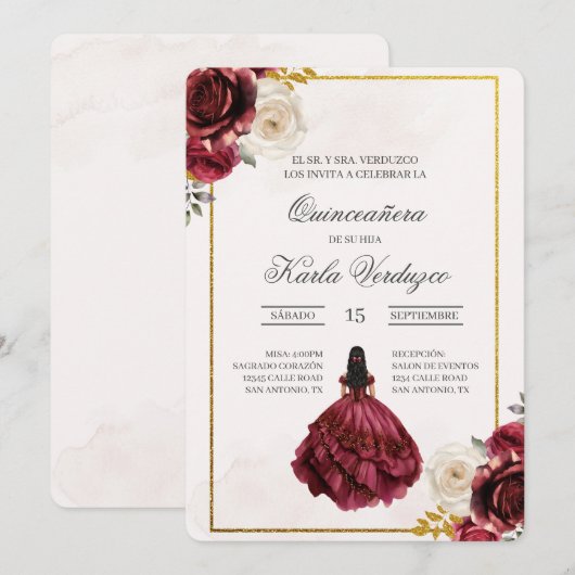 Invitación de quinceañera con vestido rojo 招待状 (正面/裏面)