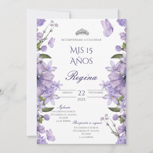 Invitación de Quinceañera flores moradas 招待状 (正面)