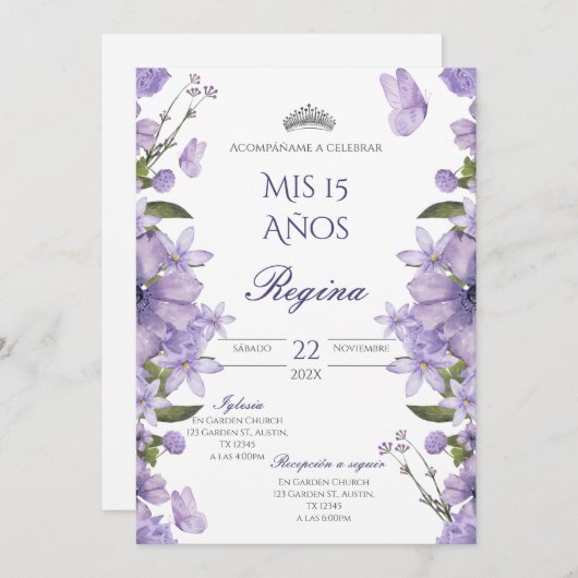 Invitación de Quinceañera flores moradas 招待状 (正面/裏面)