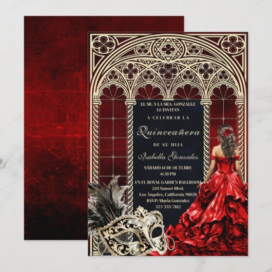 Invitación de Quinceañera Gótica de Mascarada 招待状 (正面/裏面)