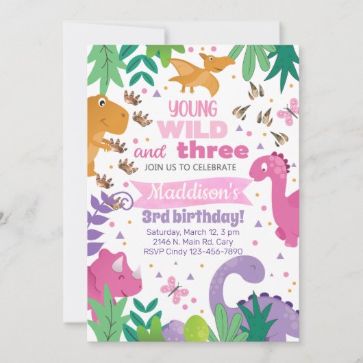 Invitación Dinosaurs girl birthday invitation dino 招待状 (正面)