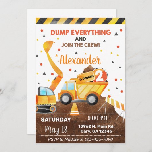 Invitación Dump everything, truck boy birthday inv 招待状 (正面/裏面)