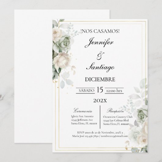 Invitación elegante con flor blanca para boda 招待状 (正面/裏面)