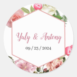 Invitación elegante de boda floral rosa con blanco ラウンドシール