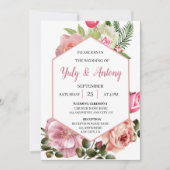 Invitación elegante de boda floral rosa con blanco 招待状 (正面)