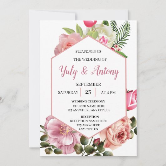Invitación elegante de boda floral rosa con blanco 招待状 (正面)