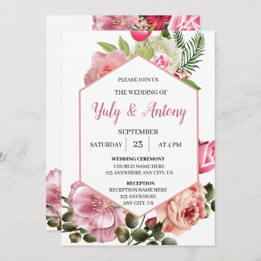 Invitación elegante de boda floral rosa con blanco 招待状 (正面/裏面)