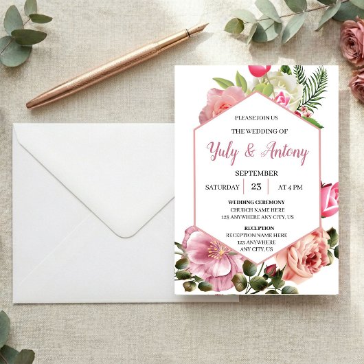Invitación elegante de boda floral rosa con blanco 招待状