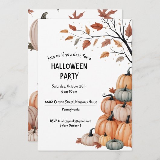 Invitación Fiesta Halloween Con Calabazas Otoñal 招待状 (正面/裏面)