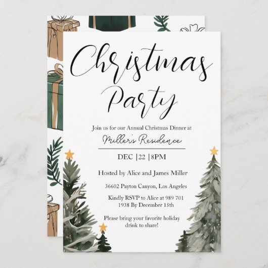 Invitación Fiesta Navideña Minimalista Moderna  招待状 (正面/裏面)