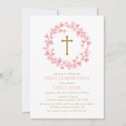 Invitación First Communion Cherry Blossom floral I 招待状 (正面)