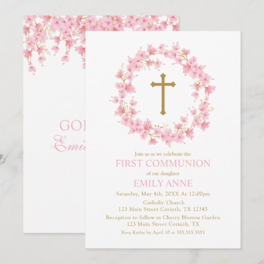 Invitación First Communion Cherry Blossom floral I 招待状 (正面/裏面)