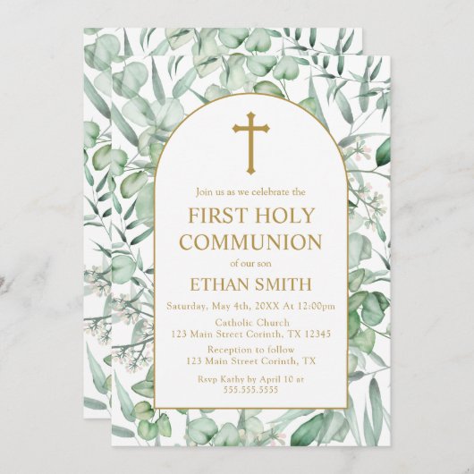 Invitación First Communion Eucalyptus leaves 招待状 (正面/裏面)