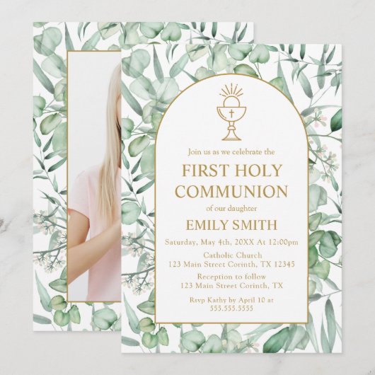 Invitación First Communion Eucalyptus leaves 招待状 (正面/裏面)