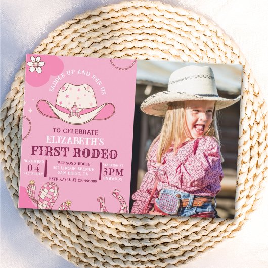 Invitación First Rodeo Birthday Girl Pink and whit 招待状
