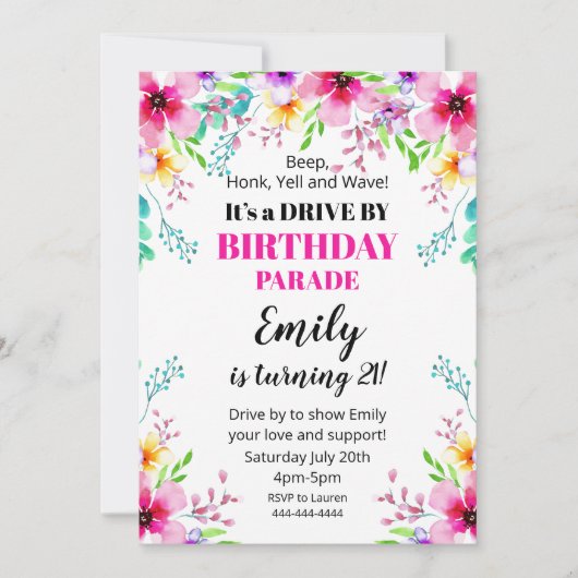 Invitación Floral Birthday Drive By Parade Invitat 招待状 (正面)