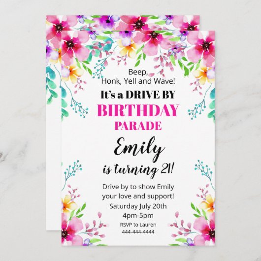 Invitación Floral Birthday Drive By Parade Invitat 招待状 (正面/裏面)