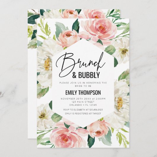 Invitación Floral modern brunch and bubbly invitat 招待状 (正面/裏面)