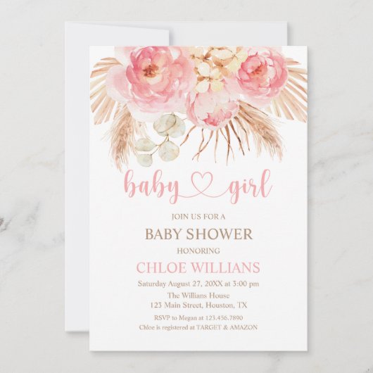 Invitación Floral pink Boho Pampas Baby Girl Invit 招待状 (正面)