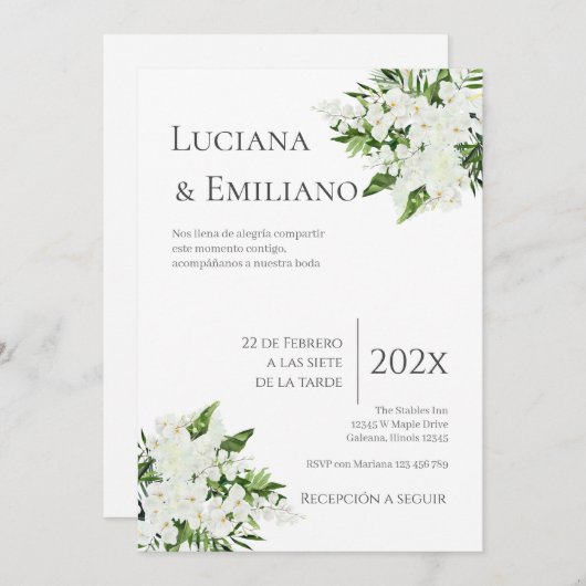Invitación Floral White Wedding Invitation 招待状 (正面/裏面)