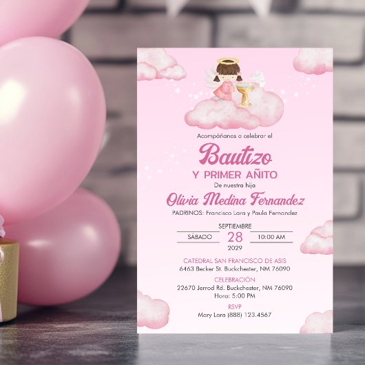 Invitacion Girl Angel Baptism and First Birthday 招待状