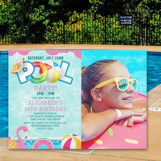 Invitación Girls Pool Party Birthday – Pink & Teal 招待状