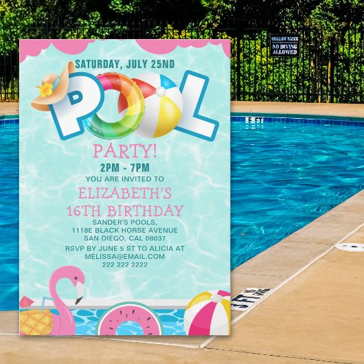Invitación Girls Pool Party Birthday – Pink & Teal 招待状