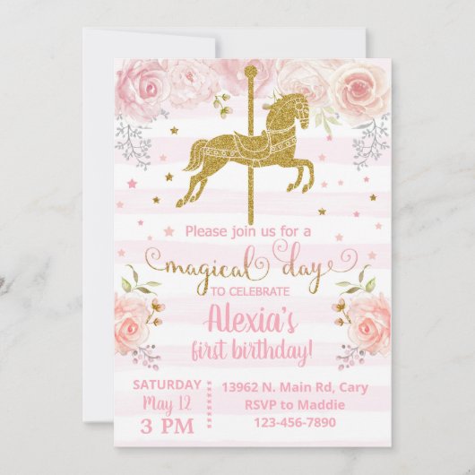 Invitación Gold carousel horse birthday invitation 招待状 (正面)
