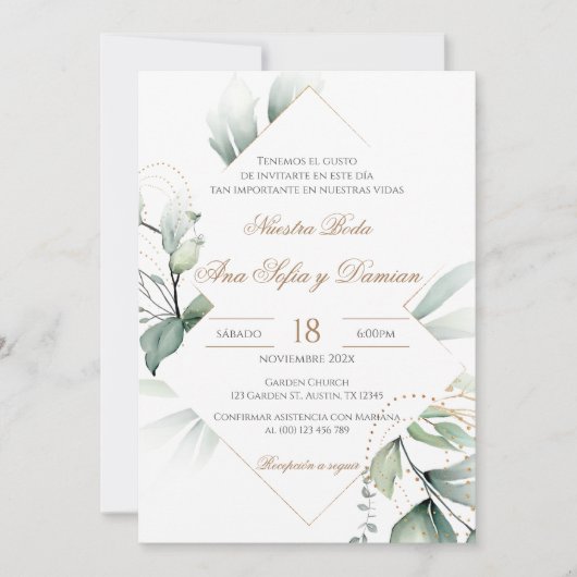 Invitación Greenery Spanish Wedding Invitation 招待状 (正面)