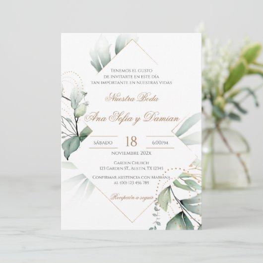 Invitación Greenery Spanish Wedding Invitation 招待状 (スタンド正面)