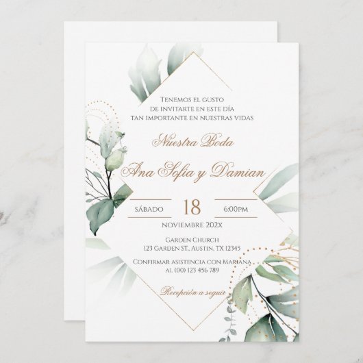 Invitación Greenery Spanish Wedding Invitation 招待状 (正面/裏面)