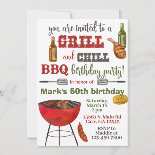 Invitación Grill & Chill BBQ birthday invitation. 招待状 (正面)